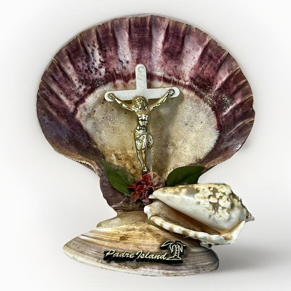 VTG 1950s Sea Shell Religious Jesus Cross Display SOUTH PADRE Crucifix Kitsch - Picture 1 of 8